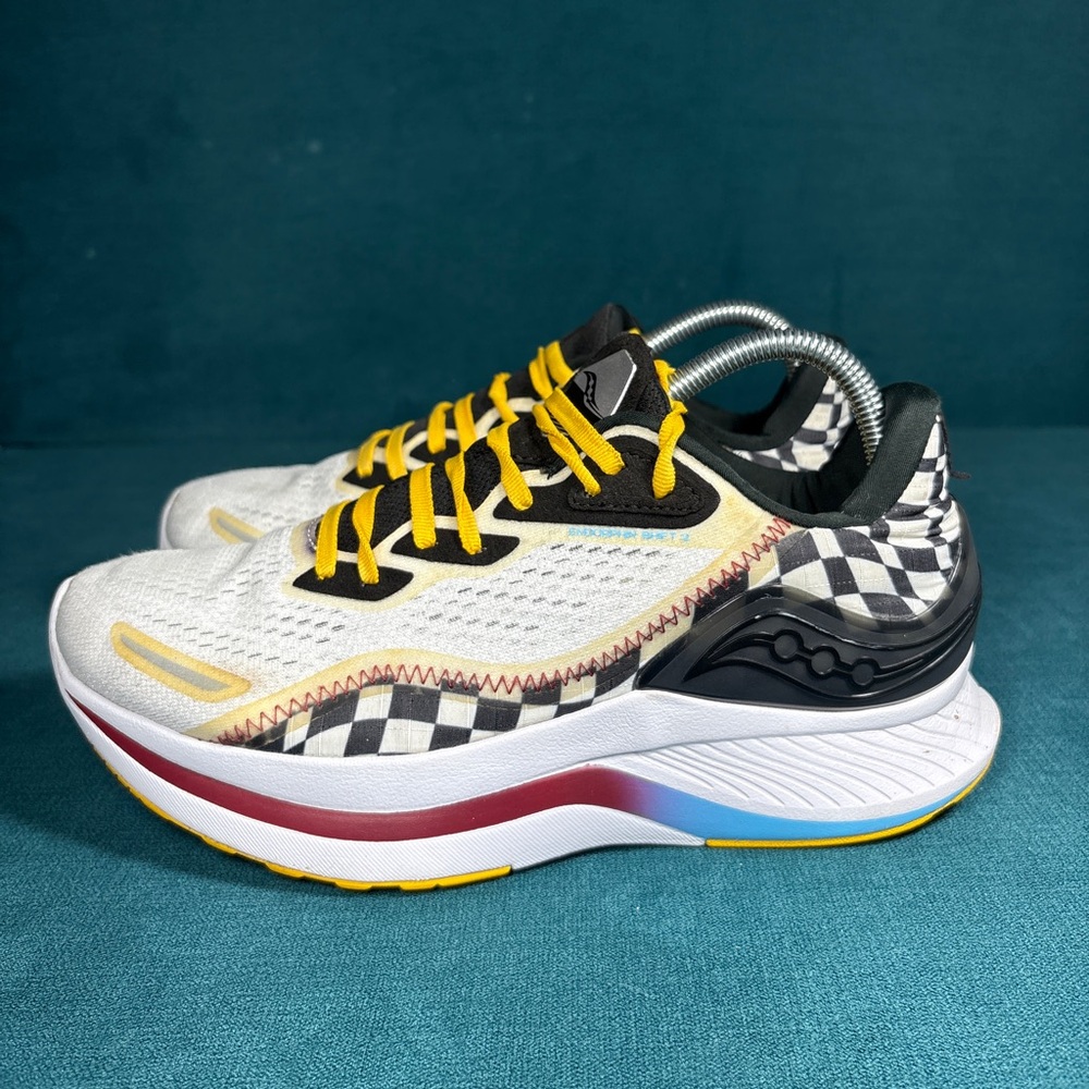 Saucony Women's White Black Checkerboard Yellow Accent Athletic Shoes